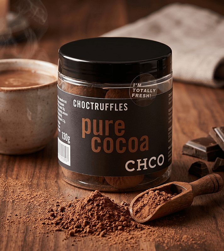 Transparente Dose mit "Chocotruffles pure cocoa", daneben Kakaopulver, Holzschaufel, Schokostücke und eine Tasse heißer Schokolade.