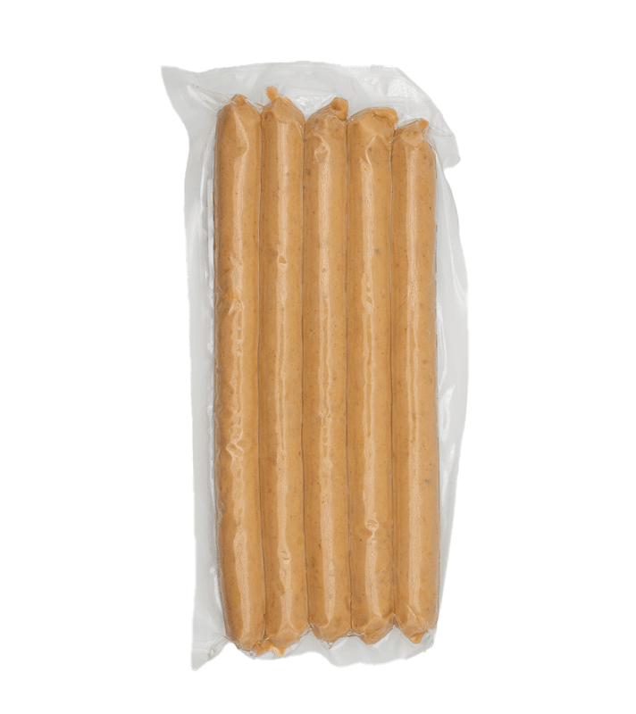 Vakuumverpackte, längliche Bratwurst in einer transparenten Plastikhülle.
