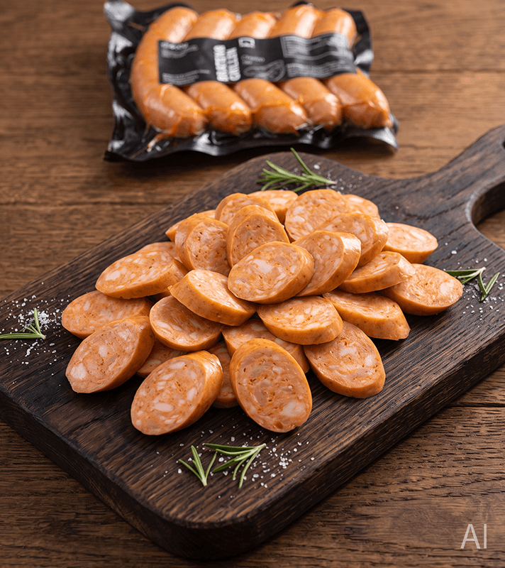 Servierbild von Chorizo: Mehrere aufgeschnittene Chorizo-Wurstscheiben auf einem dunklen Holzbrett, dekoriert mit Rosmarin. Im Hintergrund liegt eine Verpackung mit Chorizo-Würsten.
