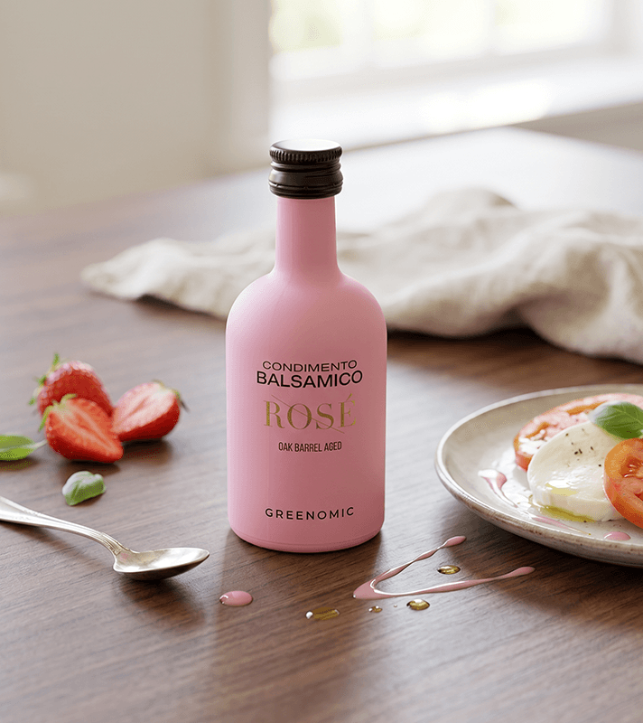 Eine rosa Flasche Balsamico Rosé auf einem Holztisch, umgeben von Erdbeeren, Basilikum, einem Löffel und einem Teller mit Tomaten und Mozzarella.