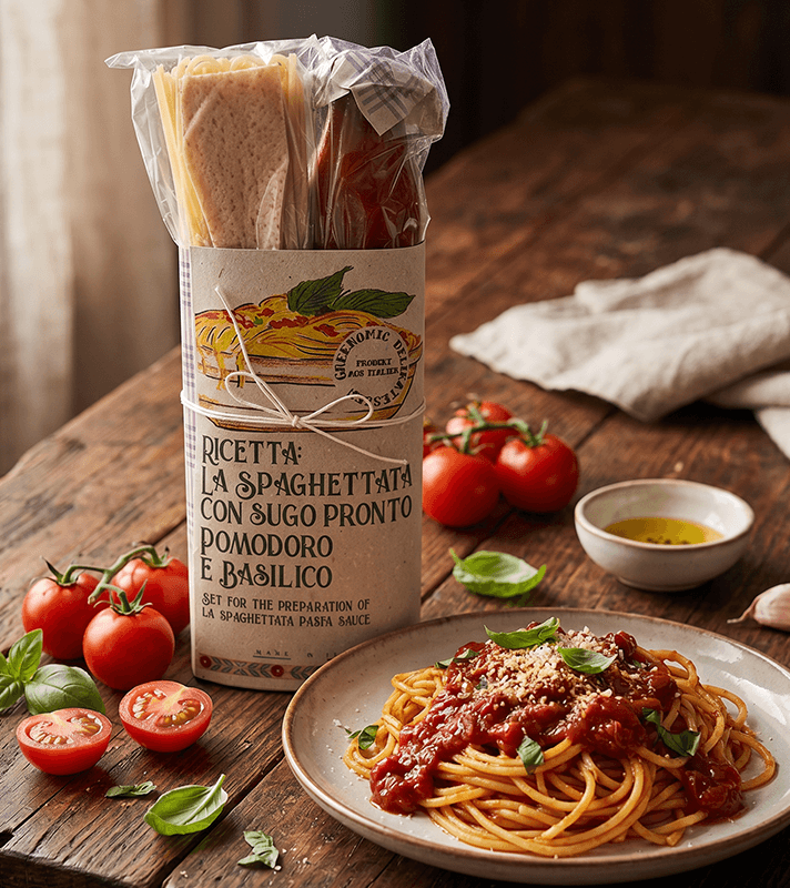 Spaghetti-Geschenkset mit Nudeln und Tomatensauce in Papprolle, daneben frische Tomaten, Basilikum und ein Teller Spaghetti.