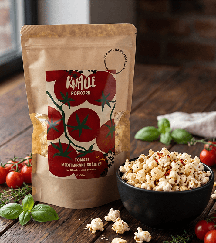 Braune Popcorn-Tüte "Knalle Popkorn Tomate Mediterrane Kräuter" neben schwarzer Schale mit Popcorn, Tomaten und Kräutern auf Holz.