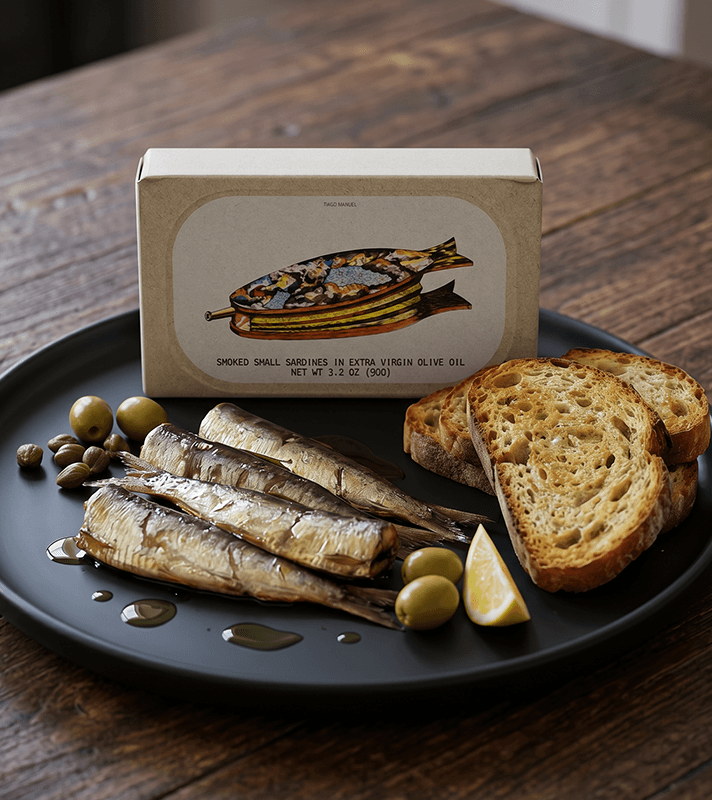 Eine Schachtel geräucherte Sardinen mit Sardinen, Oliven, Kapern, Zitronenspalte und geröstetem Brot auf einem schwarzen Teller.