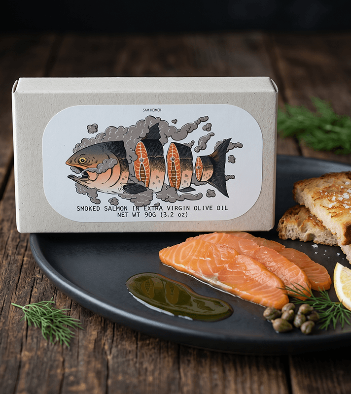 Verpackung für geräucherten Lachs in Olivenöl mit Fisch-Illustration, daneben Lachsfilets, Kapern, Zitrone und Brot auf dunklem Teller.