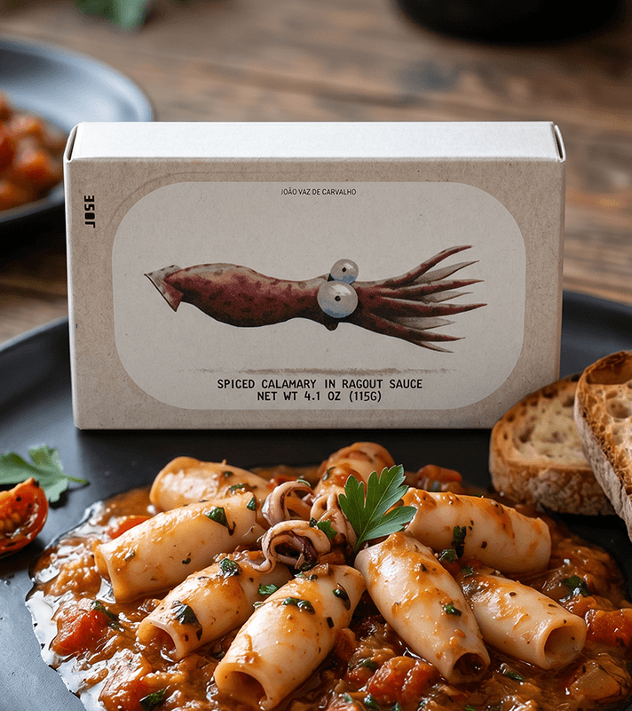 Eine Schachtel mit Tintenfisch-Illustration und Text "SPICED CALAMARY IN RAGOUT SAUCE" steht hinter einem Teller mit Calamari in Tomatensauce.