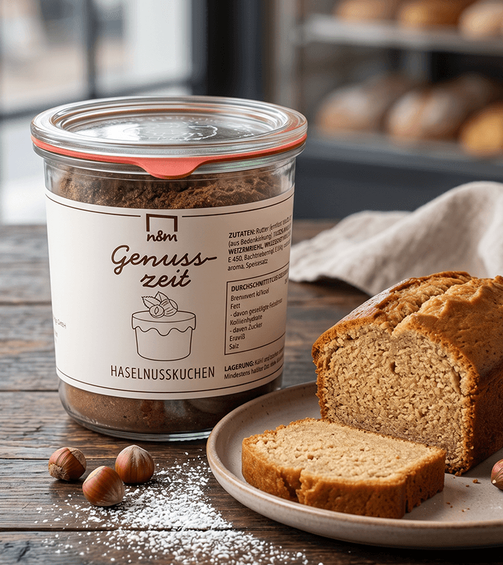 Ein Glas "Genusszeit Haselnusskuchen" Backmischung neben einem angeschnittenen Haselnusskuchen auf einem Teller.