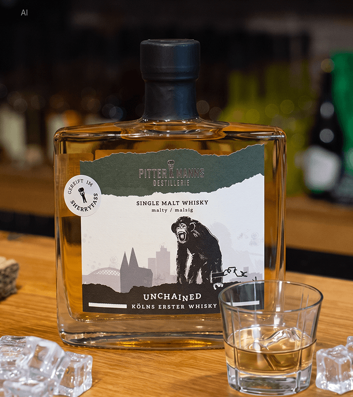 Flasche neben einem Glas serviert auf einem Holztisch.