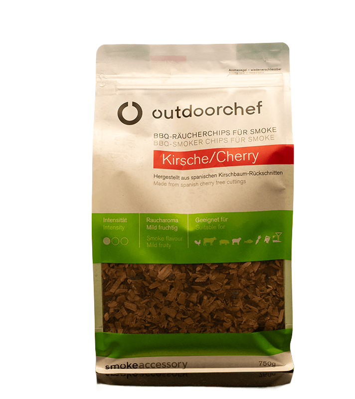 Outdoorchef BBQ-Räucherchips Kirsche, 750 g, Kirschholz-Räucherchips im wiederverschließbaren Beutel mit Sichtfenster.