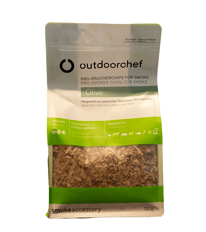 Outdoorchef Räucherchips Olive 750 g im Beutel, Olivenholz-Smokerchips mit mediterranem Raucharoma für Grill und Smoker.