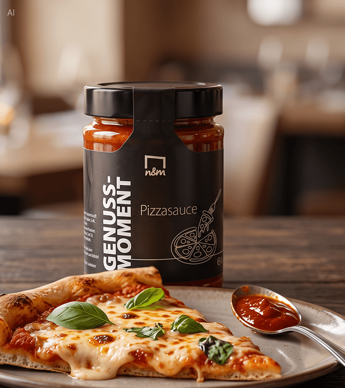 RASTA Pizzasauce steht hinter einem Stück Magharita