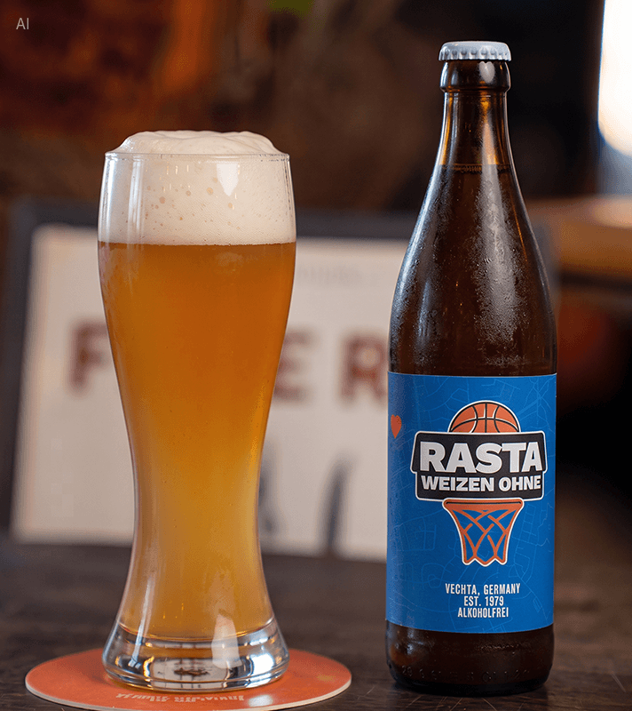 Eine Flasche RASTA Weizen ohne Alkohol steht neben einem vollen Weizenglas