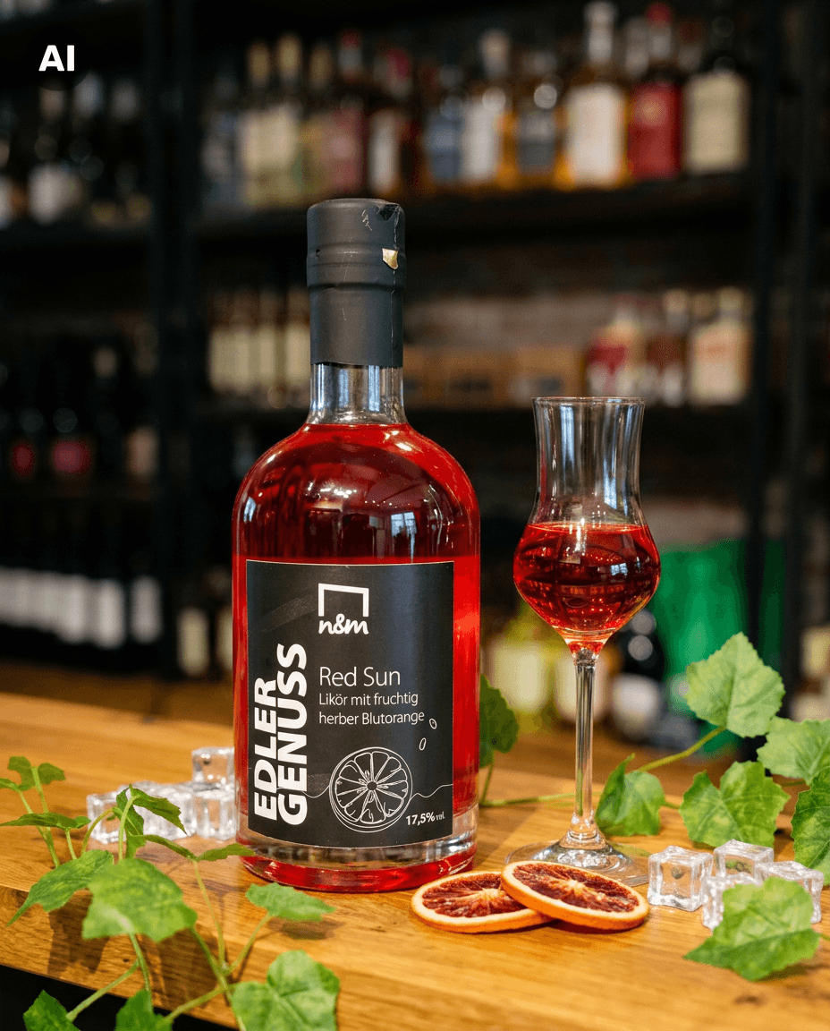Edler Genuss Red Sun Likör Flasche und Glas mit Getränk, Eiswürfeln, Blutorange und Blättern auf Holztisch vor Barregal