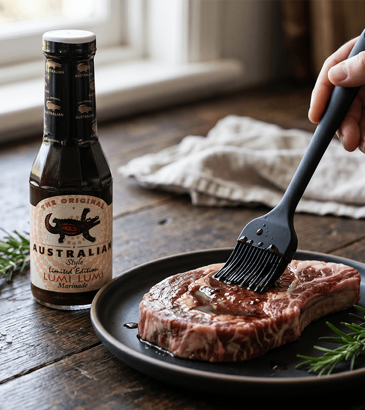 Eine Hand mariniert ein rohes Steak mit einer schwarzen Bürste. Daneben steht eine Flasche "Australian Style Lumi Lumi Marinade".