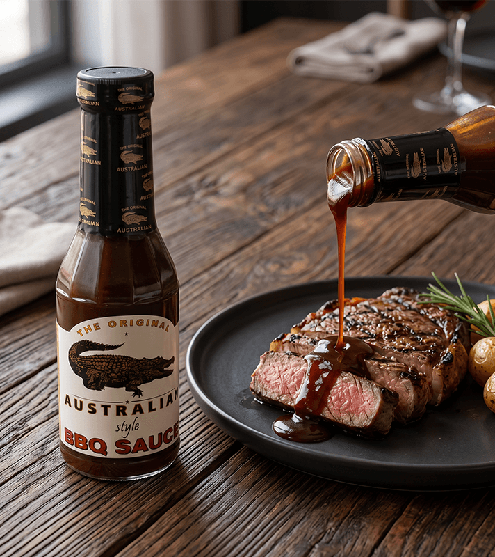 Eine Flasche australische BBQ-Sauce steht neben einem Teller mit gegrilltem Steak, das mit Sauce übergossen wird.