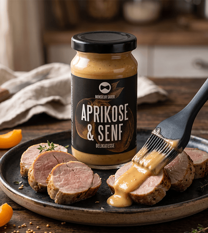 Ein Glas Aprikose & Senf-Delikatesse neben geschnittenem Schweinefilet, das mit der Sauce bestrichen wird.