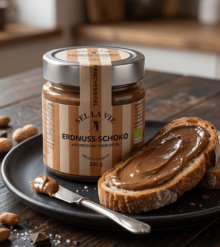 Ein Glas Erdnuss-Schoko-Aufstrich mit Fleur de Sel, daneben ein mit dem Aufstrich bestrichenes Brot und ein Messer mit Aufstrich.