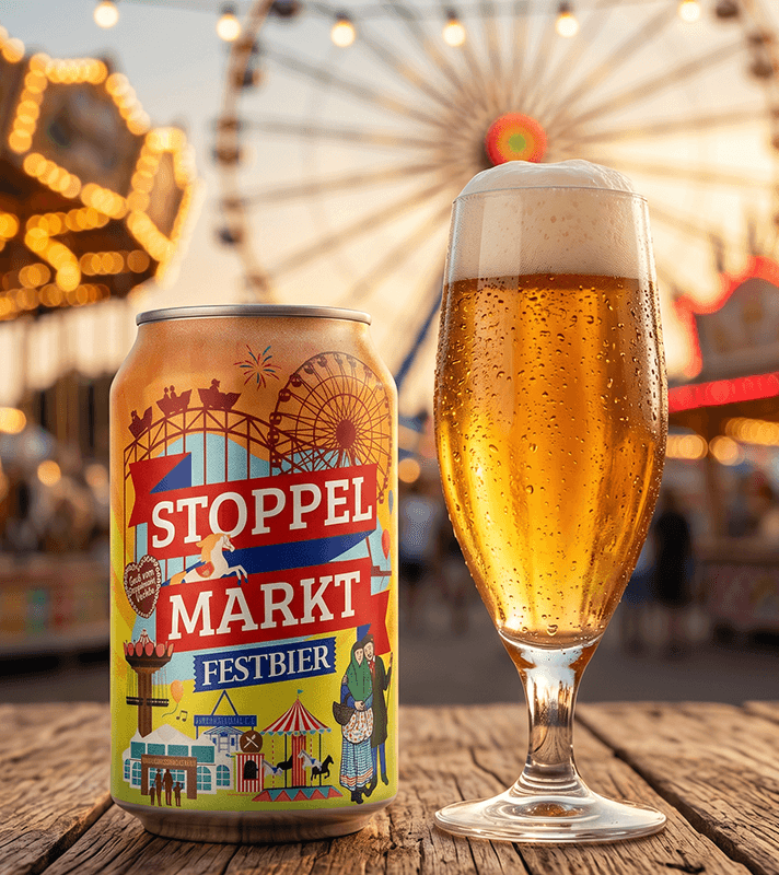 Bierdose und befülltes Bierglas vor Kirmeskulisse.