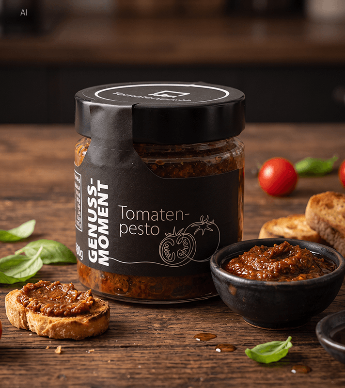 Tomatenpesto in einem Glas serviert.