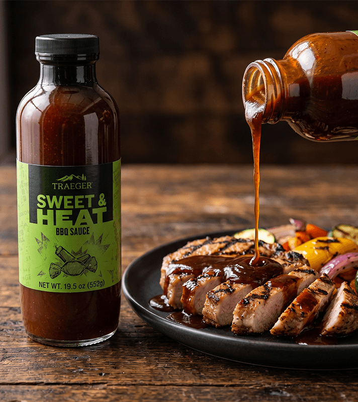 Eine Flasche Traeger Sweet & Heat BBQ-Sauce neben einem Teller mit geschnittenem Fleisch und Gemüse, das mit der Sauce beträufelt wird.