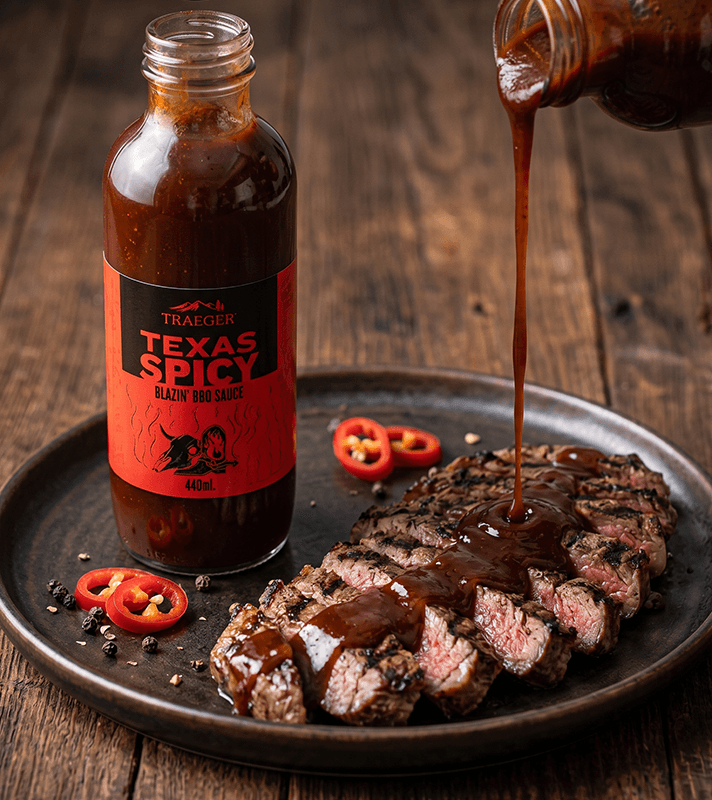 Eine Flasche Traeger Texas Spicy BBQ Sauce gießt dunkle Sauce über ein geschnittenes Steak auf einem Teller mit Chilischeiben und Pfefferkörnern.