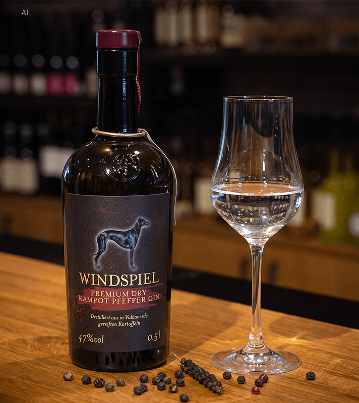 Flasche neben einem Glas serviert auf einem Holztisch.