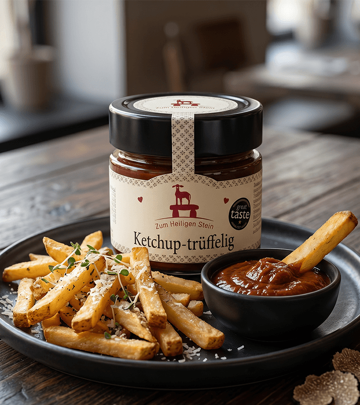 Ein Glas Trüffelketchup steht hinter einer Portion Pommes Frites mit Kräutern und Käse, daneben eine Schale Ketchup mit einer eingetauchten Pommes.