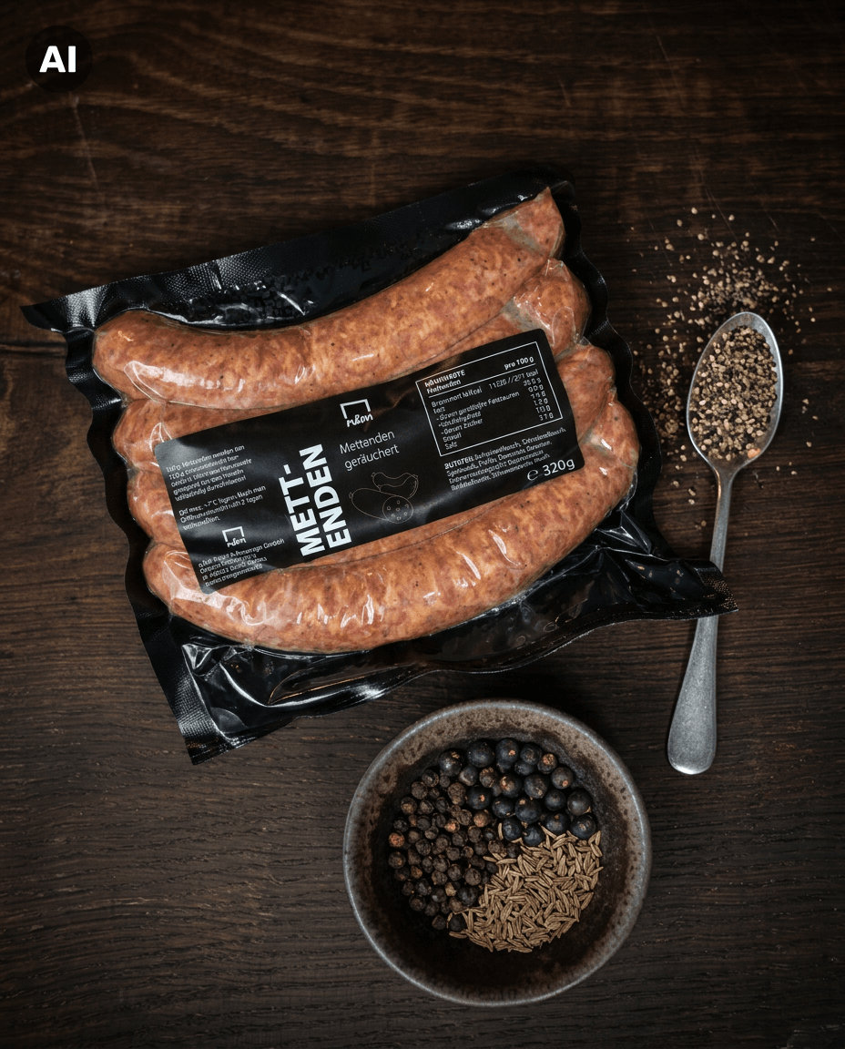 Geräucherte Mettenden in schwarzer Vakuumverpackung auf dunklem Holz, daneben Löffel mit Pfeffer und Gewürzschale