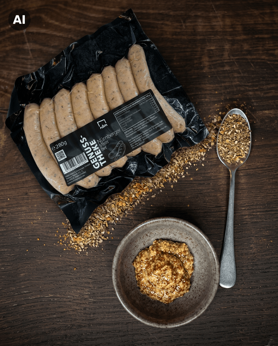 Nürnberger Mini Bratwürste in schwarzer Vakuumverpackung, umgeben von Gewürzen, mit Schale grobem Senf und Löffel auf