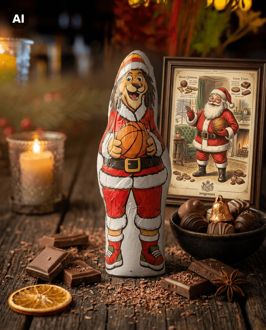 Produkt in Folie als Löwen-Weihnachtsmann mit Basketball auf Holz, umgeben von Schokolade, Kerzenlicht und Santa-Bild