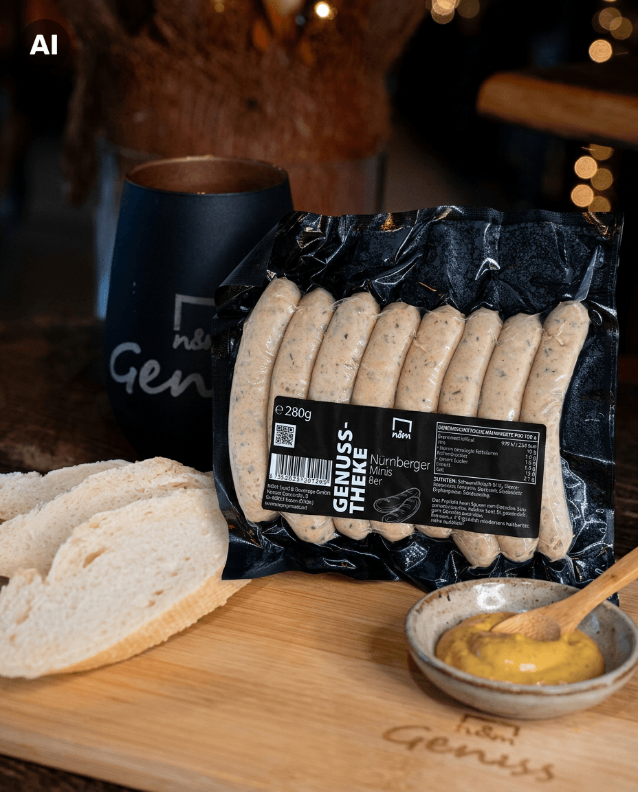 Nürnberger Minis in schwarzer Vakuumverpackung auf Holzbrett mit Brotscheiben, Senf und dunklem Becher im Hintergrund