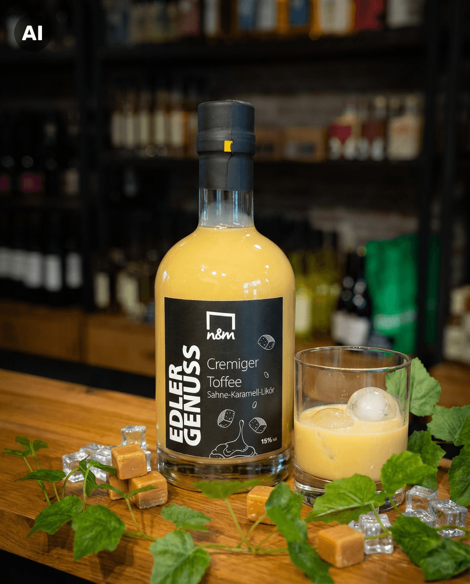 Flasche Cremiger Toffee Likör und Glas mit Eis auf Holztisch, umgeben von Karamellen, Eiswürfeln und Efeublättern